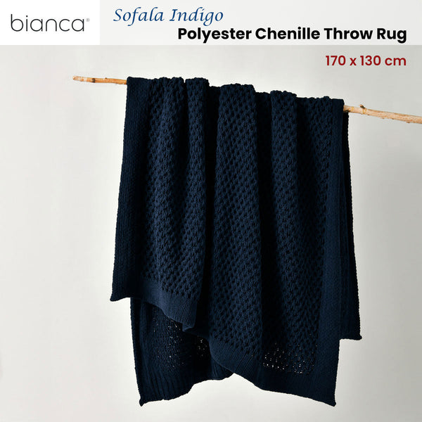 Bianca Sofala Indigo Polyester Chenille Throw Rug 130 X 170 Cm Throws & Afghans