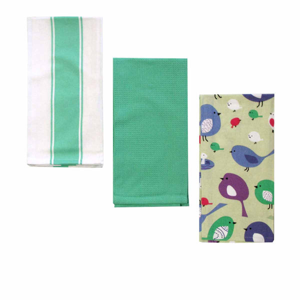 Home Oasis Set Of 3 Printed Cotton Rich Tea Towels 50 X 70 Cm Birdie Mint Tea Towels & Dishcloths