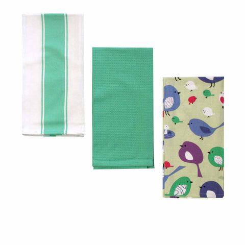 Home Oasis Set Of 3 Printed Cotton Rich Tea Towels 50 X 70 Cm Birdie Mint Tea Towels & Dishcloths