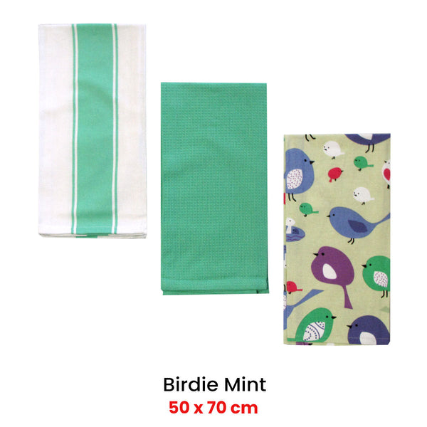 Home Oasis Set Of 3 Printed Cotton Rich Tea Towels 50 X 70 Cm Birdie Mint Tea Towels & Dishcloths
