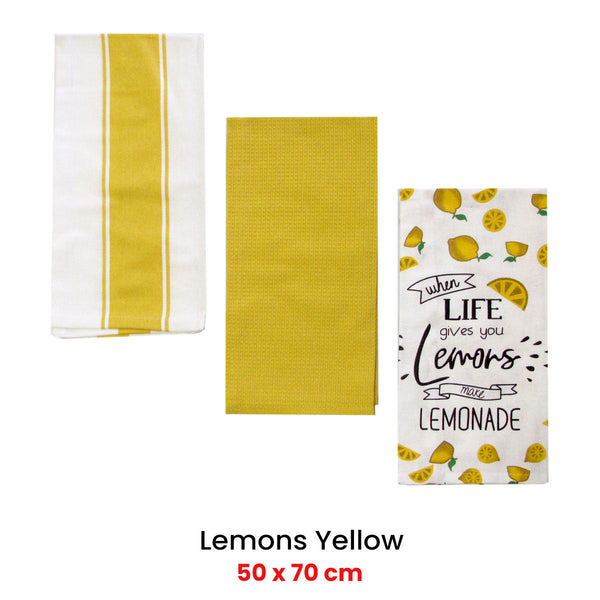 Home Oasis Set Of 3 Printed Cotton Rich Tea Towels 50 X 70 Cm Lemons Yellow Tea Towels & Dishcloths
