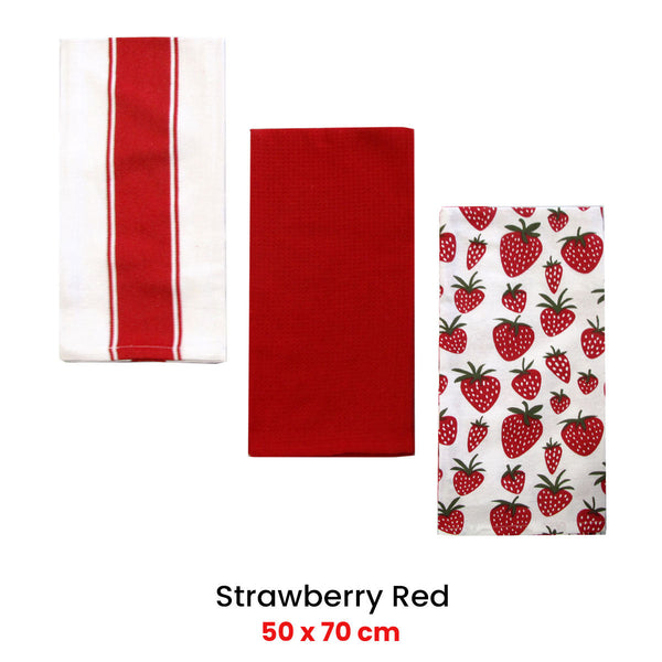 Home Oasis Set Of 3 Printed Cotton Rich Tea Towels 50 X 70 Cm Strawberry Red Tea Towels & Dishcloths