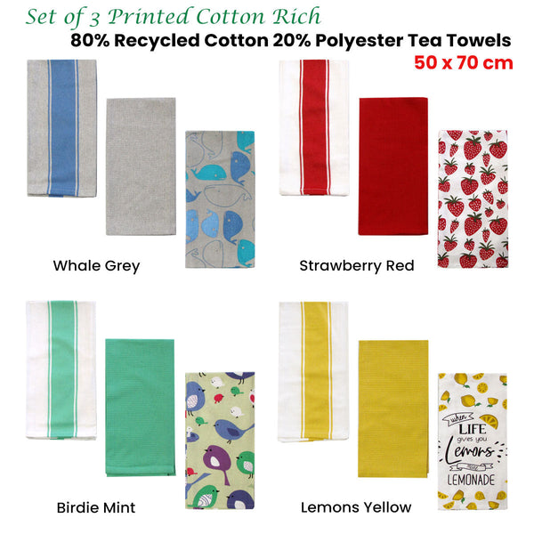 Home Oasis Set Of 3 Printed Cotton Rich Tea Towels 50 X 70 Cm Strawberry Red Tea Towels & Dishcloths