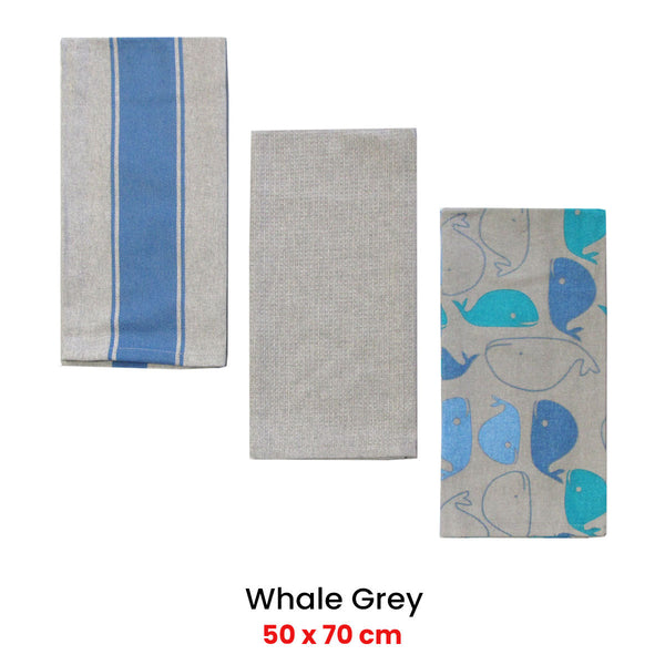 Home Oasis Set Of 3 Printed Cotton Rich Tea Towels 50 X 70 Cm Whale Grey Tea Towels & Dishcloths