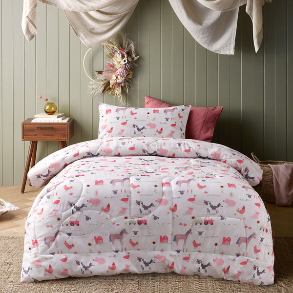 Happy Kids Farmyard Friends 2 Piece Washed Cotton Cover Comforter Set Single 160Cm X 220Cm Single Bed Comforters