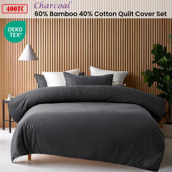 Accessorize Charcoal 400Tc Bamboo Cotton Double Stitched Quilt Cover Set King Quilt Covers