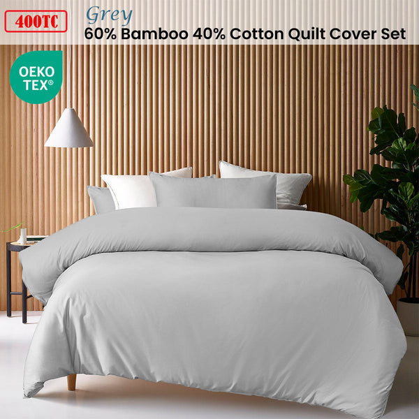 Accessorize Grey 400Tc Bamboo Cotton Double Stitched Quilt Cover Set Super King Quilt Covers