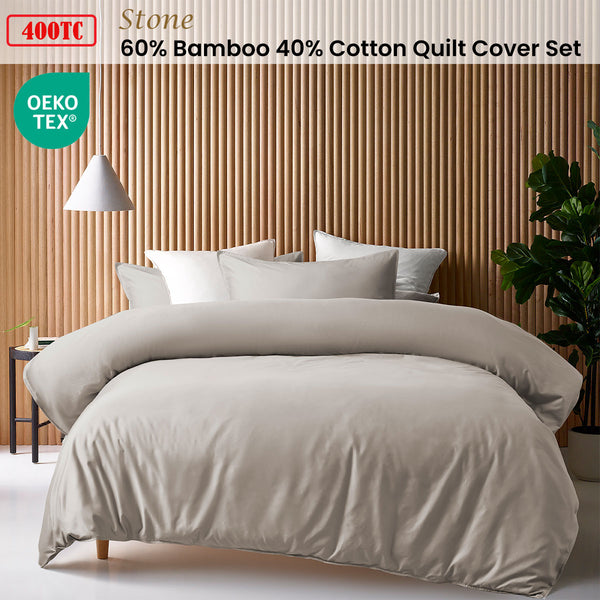 Accessorize Stone 400Tc Bamboo Cotton Double Stitched Quilt Cover Set King Quilt Covers