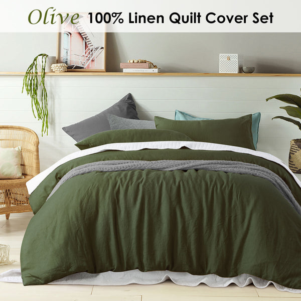 Design Homewares 100% Linen Olive Quilt Cover Set For Single Bed & Garden Bedding Quilt Covers
