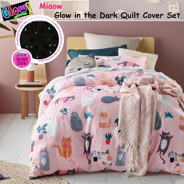 Happy Kids Miaow Glow In The Dark Quilt Cover Set Single Quilt Covers