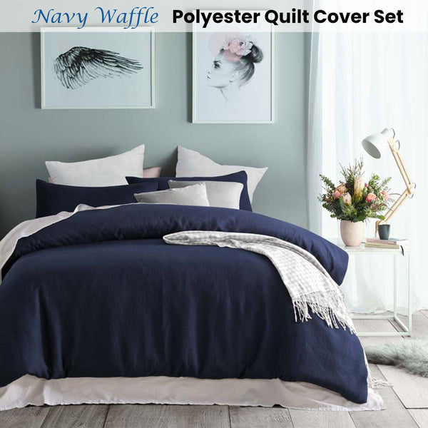 Accessorize Navy Waffle Polyester Quilt Cover Set King Quilt Covers
