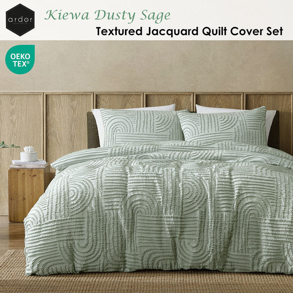 Ardor Kiewa Dusty Sage Textured Jacquard Aztec Quilt Cover Set King Quilt Covers