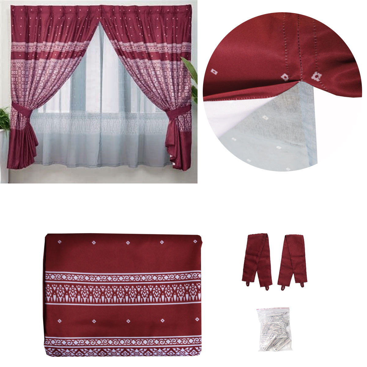 Avon Home Casa Kayangan Burgundy Pinch Pleat Window Curtain With Attached Lace Curtains & Drapes
