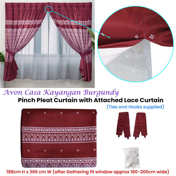 Avon Home Casa Kayangan Burgundy Pinch Pleat Window Curtain With Attached Lace Curtains & Drapes
