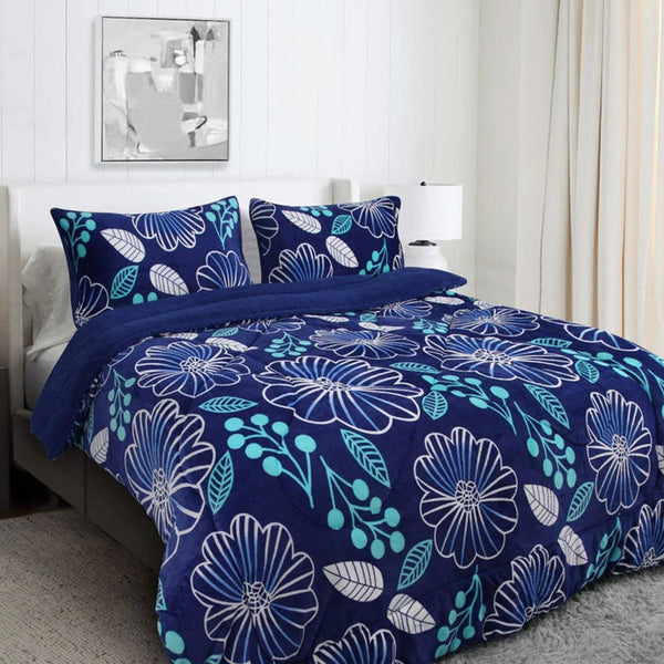 Blue Flower Printed Sherpa Flannel Fleece Reversible Blanket Set Single/Double Blankets