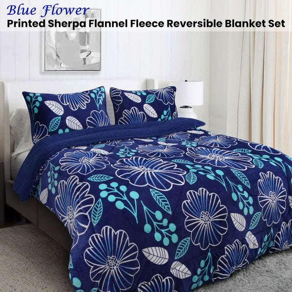 Blue Flower Printed Sherpa Flannel Fleece Reversible Blanket Set Single/Double Blankets