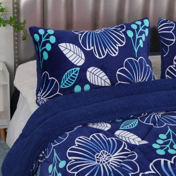Blue Flower Printed Sherpa Flannel Fleece Reversible Blanket Set Single/Double Blankets