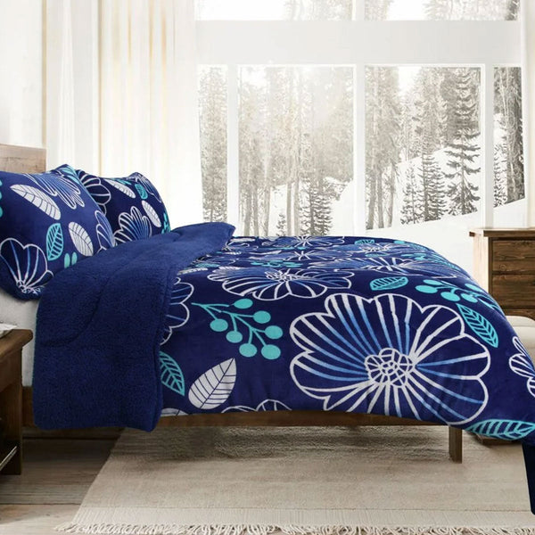 Blue Flower Printed Sherpa Flannel Fleece Reversible Blanket Set Single/Double Blankets