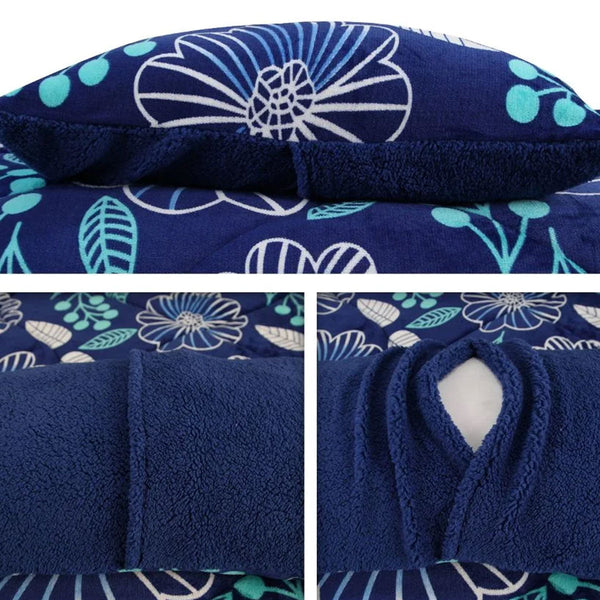Blue Flower Printed Sherpa Flannel Fleece Reversible Blanket Set Single/Double Blankets