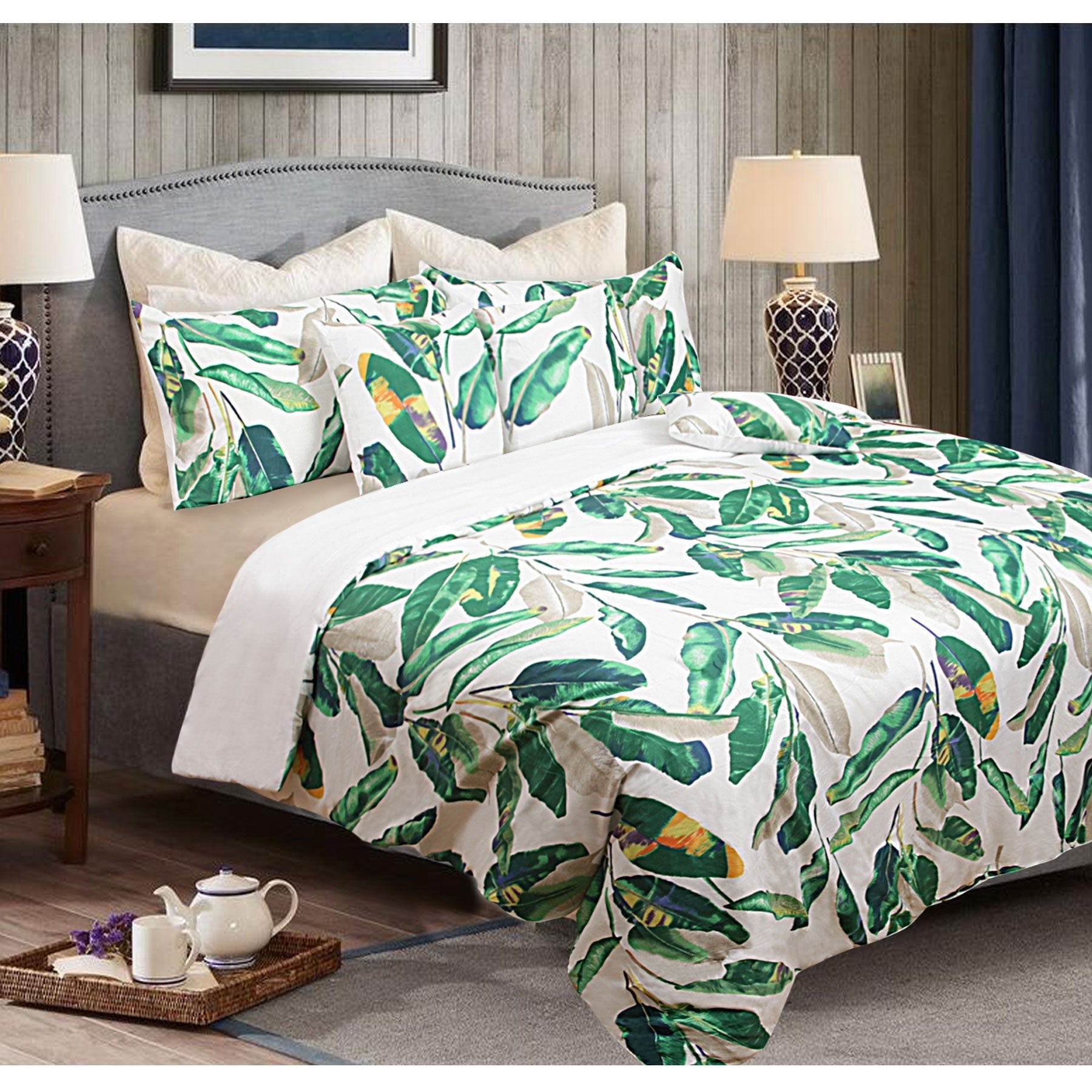 Shangri La 6 Piece Green Leaves Quilt Cover Set Quilt Covers