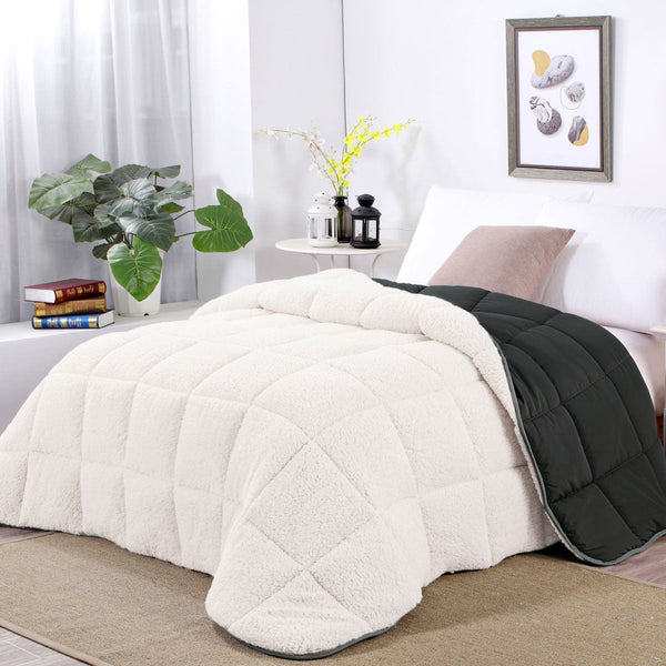 Charcoal Sherpa Fleece Reversible 3 Pcs Comforter Set Size Queen Comforter Sets Queen