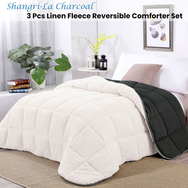 Charcoal Sherpa Fleece Reversible 3 Pcs Comforter Set Size Queen Comforter Sets Queen