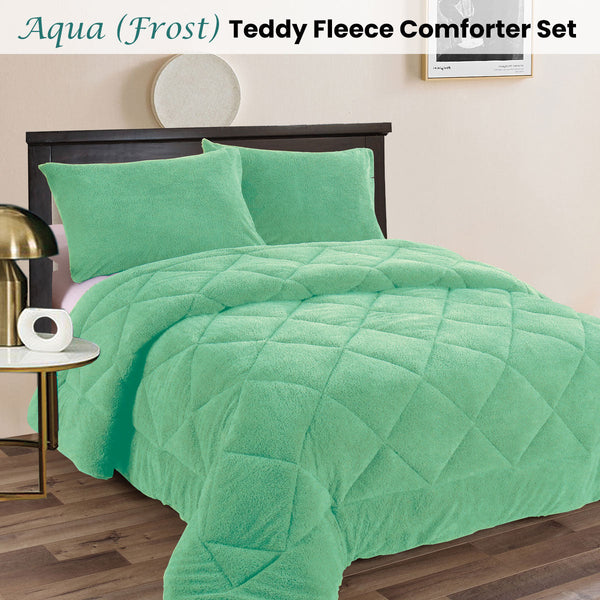 3 Pcs Teddy Fleece Comforter Set Aqua Frost King Size King Comforter Sets