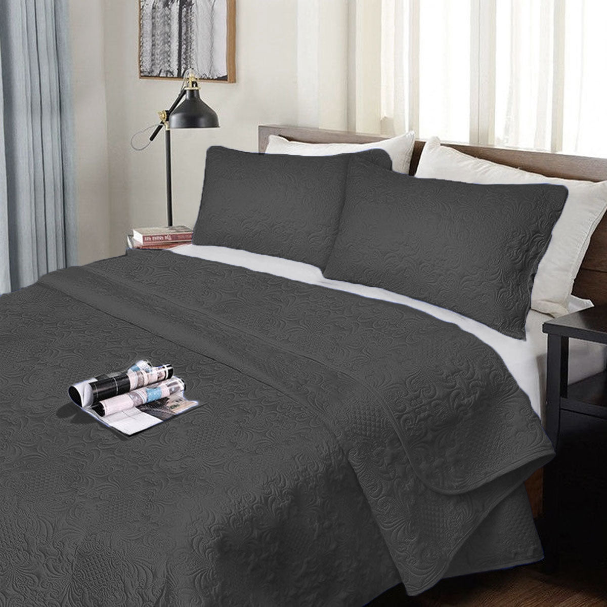 Ramesses 3 Piece Ultrasonic Comforter Set Queen Charcoal Bedding Comforter Sets Queen