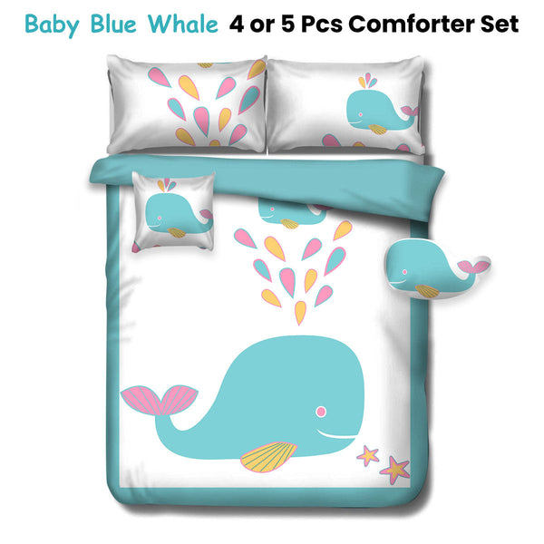 5 Pcs Baby Blue Whale Kids Advventure Comforter Set Double Double Bed Comforters