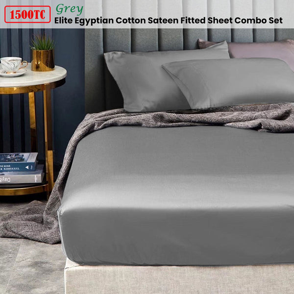 1500Tc Elite Egyptian Cotton Sateen Fitted Sheet Combo Set Grey King Single Sheets