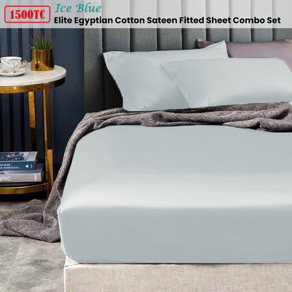 1500Tc Elite Egyptian Cotton Sateen Fitted Sheet Combo Set Ice Blue King Single Sheets