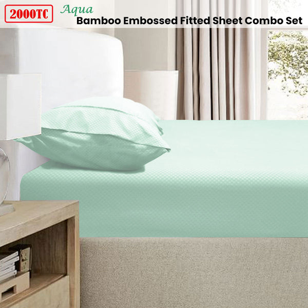 2000Tc Bamboo Embossed Fitted Sheet Combo Set Aqua Single Sheets