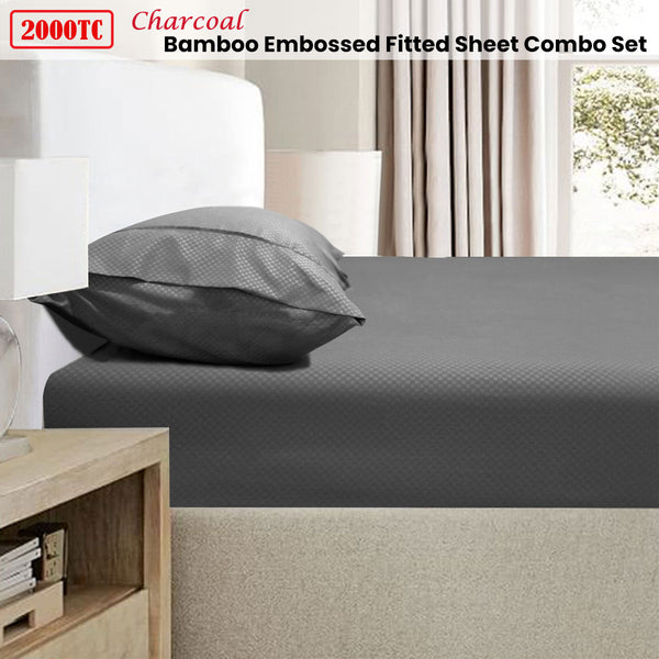 2000Tc Bamboo Embossed Fitted Sheet Combo Set Charcoal Double Sheets