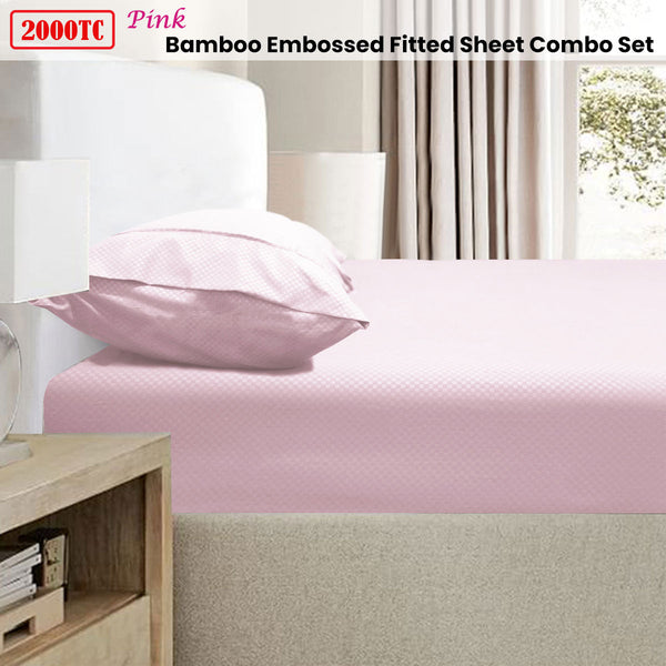 2000Tc Bamboo Embossed Fitted Sheet Combo Set Pink King Sheets