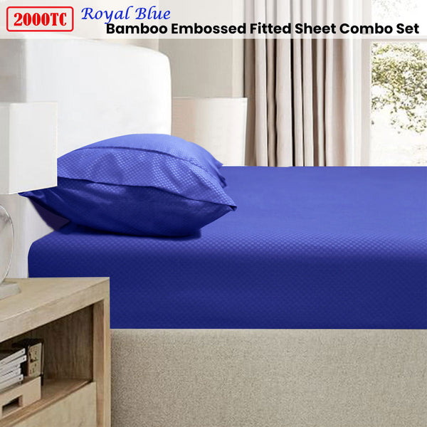 2000Tc Bamboo Embossed Fitted Sheet Combo Set Royal Blue Double Sheets