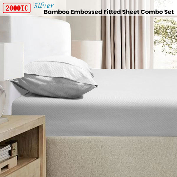 2000Tc Bamboo Embossed Fitted Sheet Combo Set Silver King Sheets