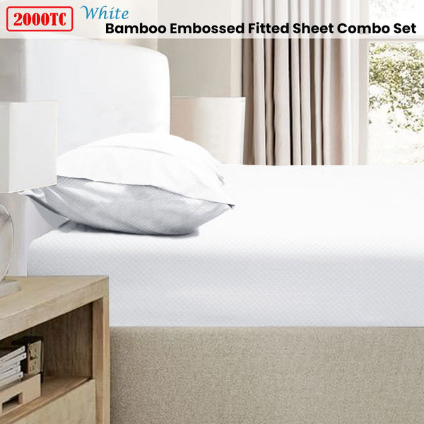 2000Tc Bamboo Embossed Fitted Sheet Combo Set White Queen Sheets