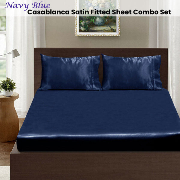 Casablanca Satin Fitted Sheet Combo Set Navy Blue King Sheets