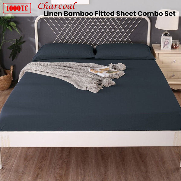 1000Tc Linen Bamboo Fitted Sheet Combo Set Charcoal Single Sheets