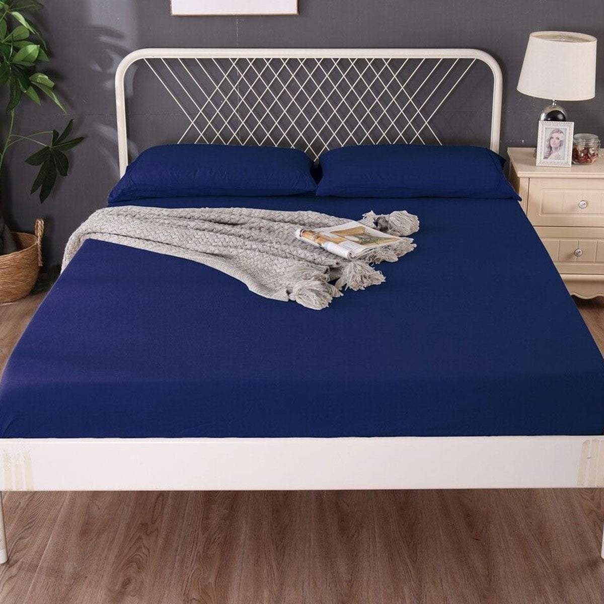 1000Tc Linen Bamboo Fitted Sheet Combo Set Deep Blue Double Sheets