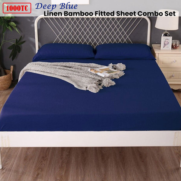 1000Tc Linen Bamboo Fitted Sheet Combo Set Deep Blue Double Sheets