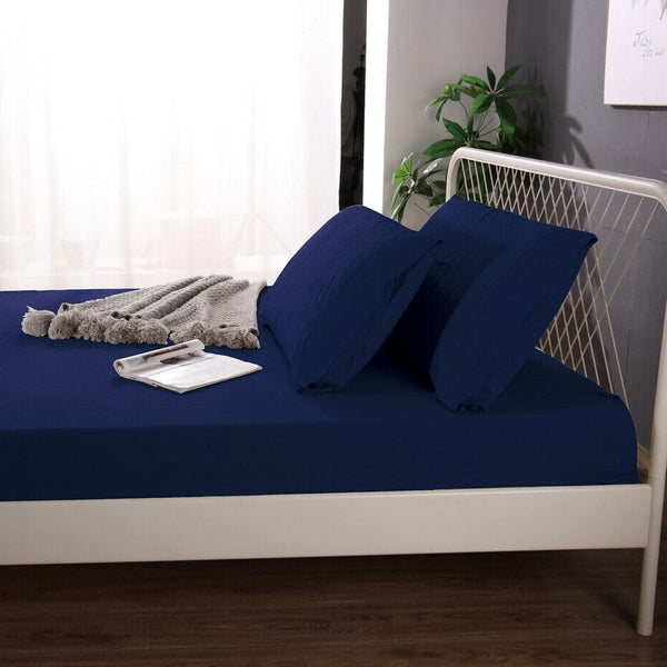 1000Tc Linen Bamboo Fitted Sheet Combo Set Deep Blue Single Sheets