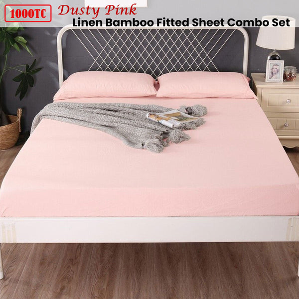 1000Tc Linen Bamboo Fitted Sheet Combo Set Dusty Pink Double Sheets