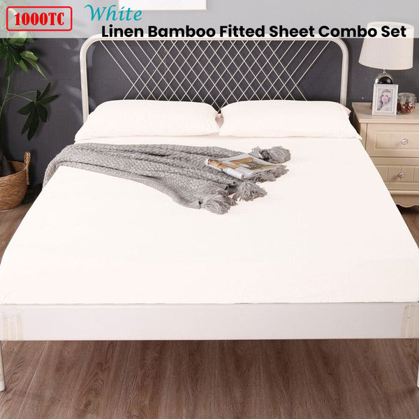 1000Tc Linen Bamboo Fitted Sheet Combo Set White Queen Sheets