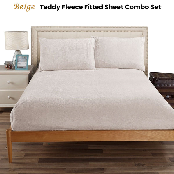 Ramesses Teddy Fleece Fitted Sheet Combo Set Beige King Single Sheets
