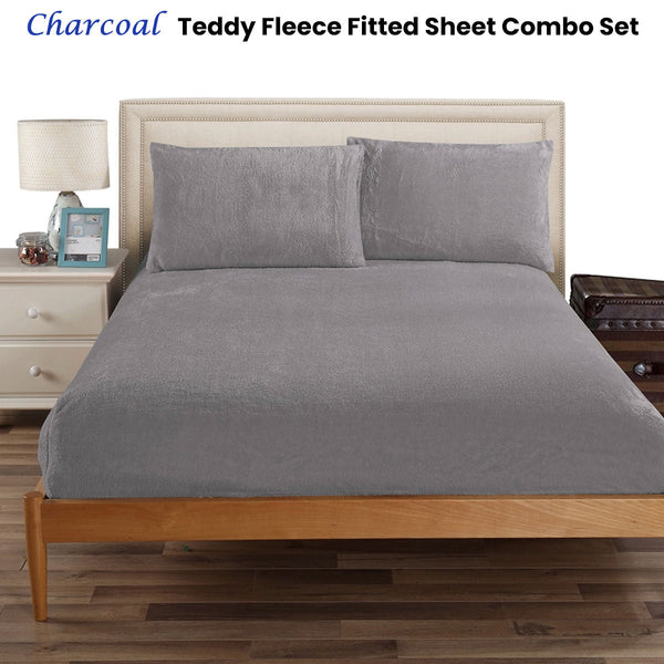 Ramesses Teddy Fleece Fitted Sheet Combo Set Charcoal King Single Sheets