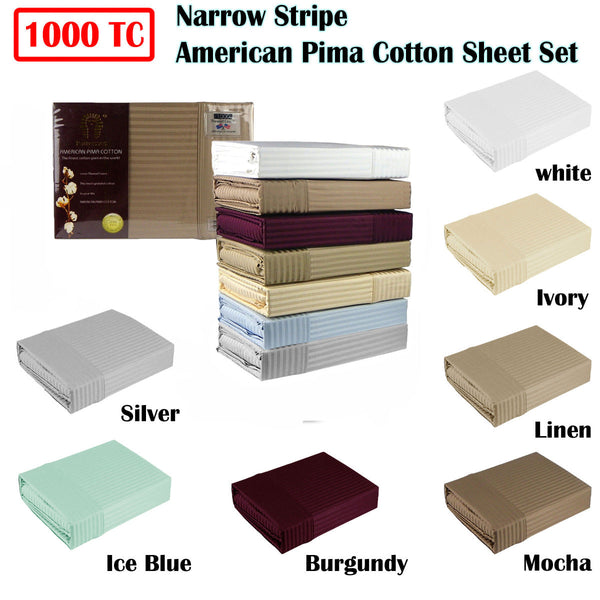 1000Tc American Pima Cotton Narrow Stripe Sheet Set Silver King Sheets