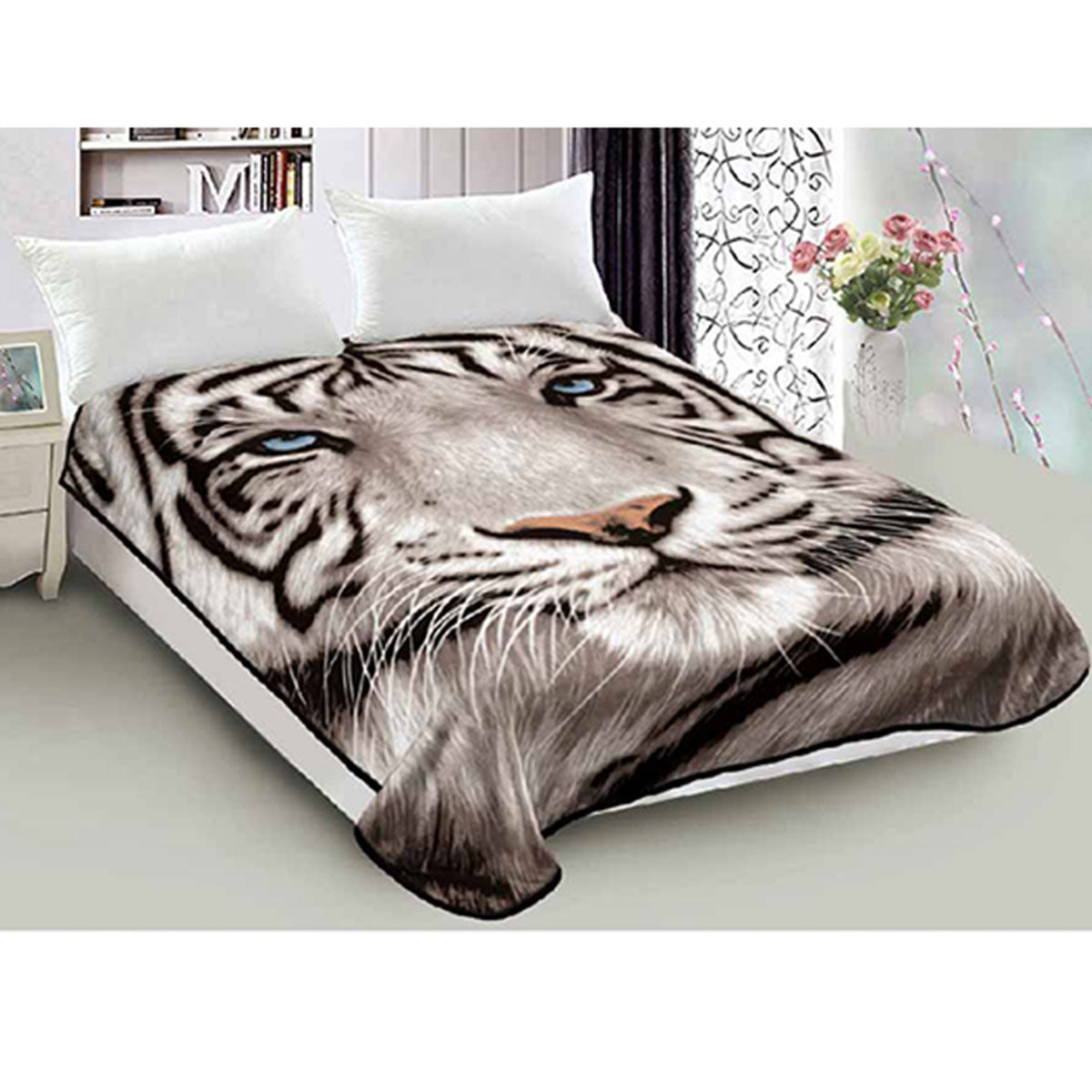 800Gsm Luxury Reversible Animal Pattern Mink Blanket Queen 200 X 240 Cm Blue Eyed Tiger Blankets