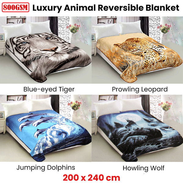 800Gsm Luxury Reversible Animal Pattern Mink Blanket Queen 200 X 240 Cm Blue Eyed Tiger Blankets