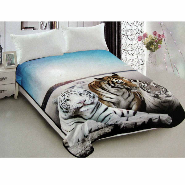 800Gsm Luxury Reversible Animal Pattern Mink Blanket Queen 200 X 240 Cm Three Tigers Blue Blankets